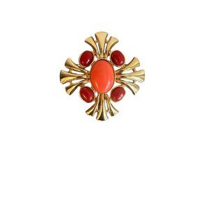 Gold tone brooch with coral and colored stones. Vintage. Well maintained.